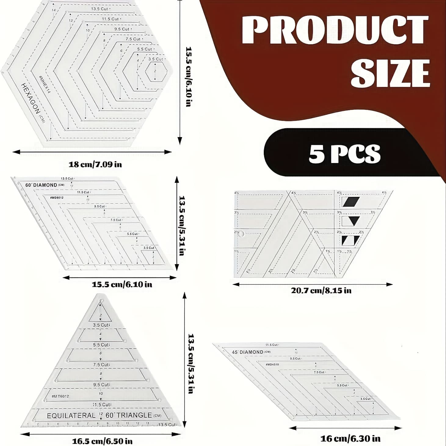 TEMU Transparent Creative Grid Quilting Template Set 5pcs, 45 And 60 Degree Diamond Long Arm Square Ruler, Movable Fabric Ruler Rack, Quilting Tools, Hand Drawing Supplies