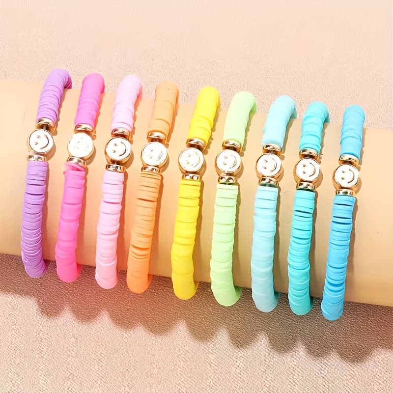 TEMU 9pcs Boho Chic Colorful Soft Clay Smile Face Beaded Bracelet Set - Perfect For Daily Wear & Parties
