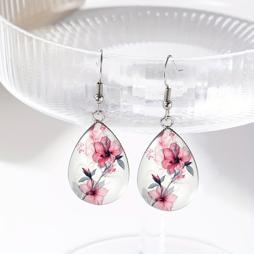 TEMU 1 Pair Pink Painting Tear Drop Earring Handmade Glass Dome Dangle Earrings Jewelry