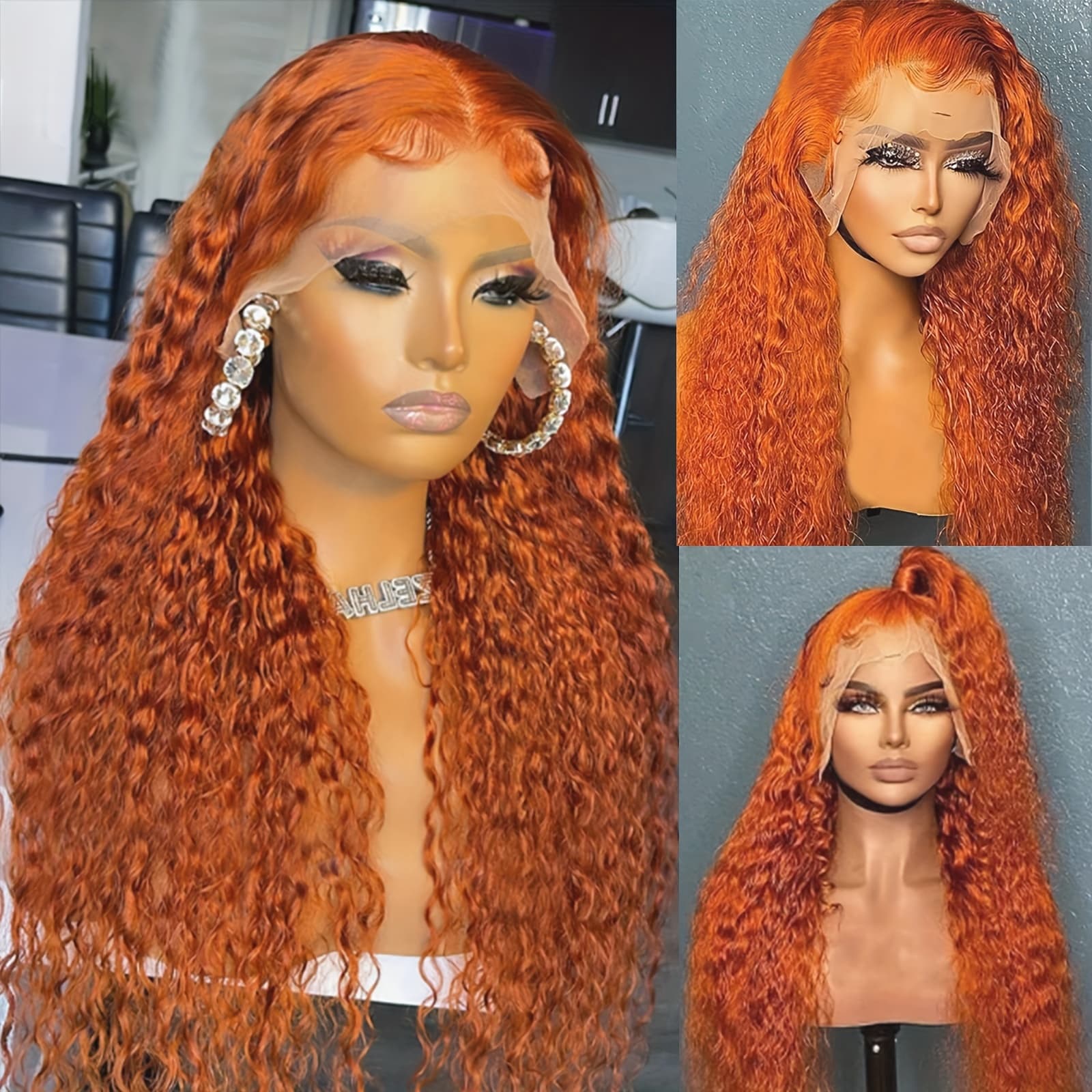 TEMU 13*4 Lace Front Wig Orange Wig Curly Lace Front Wig Long Water Wave Lace Front Wigs Synthetic For Women Ginger Wig Curly Deep Curly Wigs Heat Resistant Fiber Hair Pre With 26inch