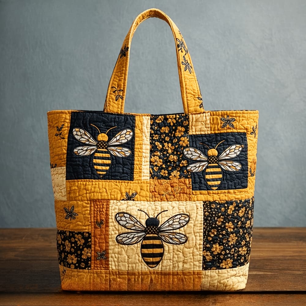 TEMU Quilted Bee Sunflower Tote Bagfor Women, Vintage Shoulderbag, Large Capacity Shopping Bag, Honeybee Floral Carryall Purse, Rustic Tote With Soft Padded Handles, Aesthetic Cottagecore Gift Bag