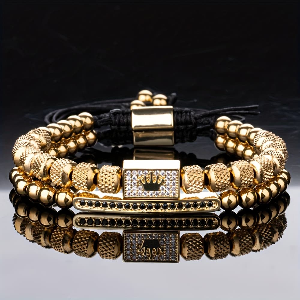 TEMU 2pcs/set Luxury Micro- Crown Bead Adjustable Size Men' Braided Steel Bangle Bangle Bracelet For Men Jewelry Accessory Gift