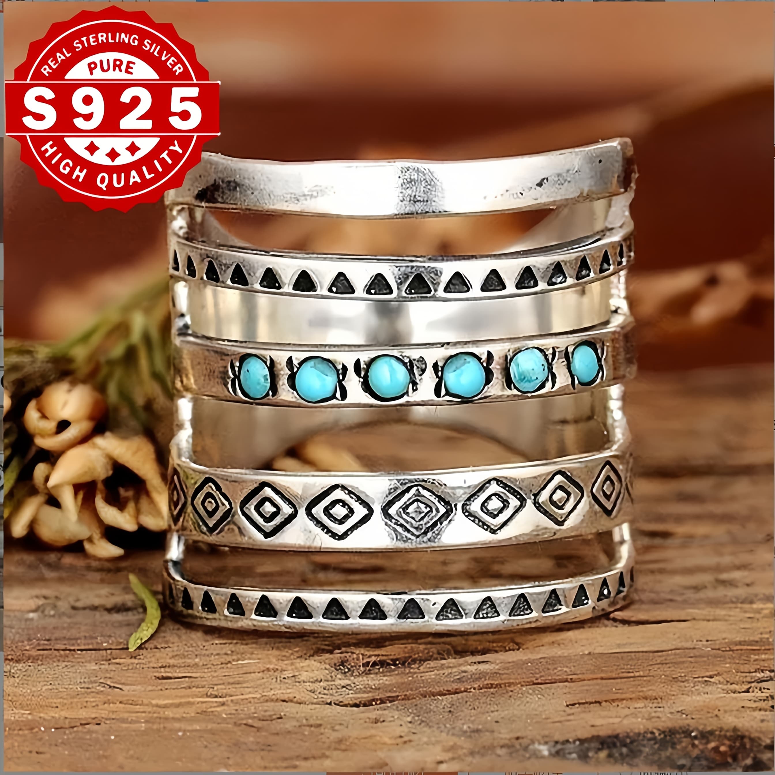 TEMU S925 Sterling Silvery Fashionable Bohemian Hollow Turquoise Ring, Retro Bohemian Ethnic , Pure Handmade Carving, Commemorative And Jewelry