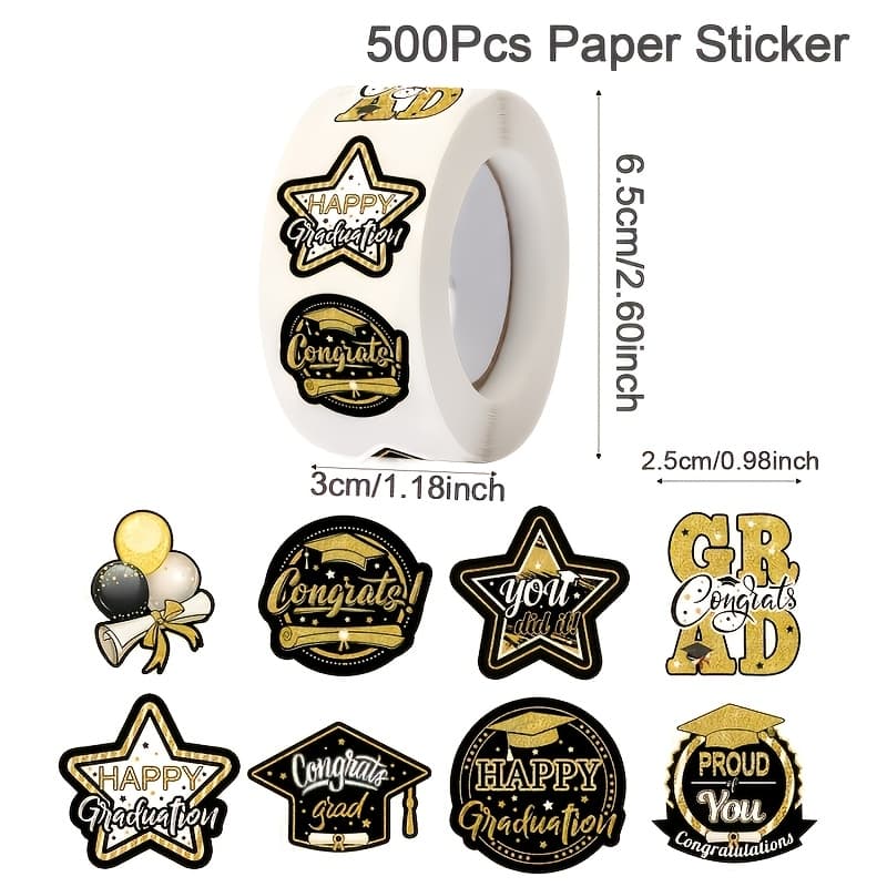 TEMU 500pcs Roll Class Of 2026 Graduation Stickers Suitable For Graduation Labels, Black Golden Round Decals With 8 Designs For , Party Favors, Covers, Envelope Seals - For Caps, Gifts, Certificates