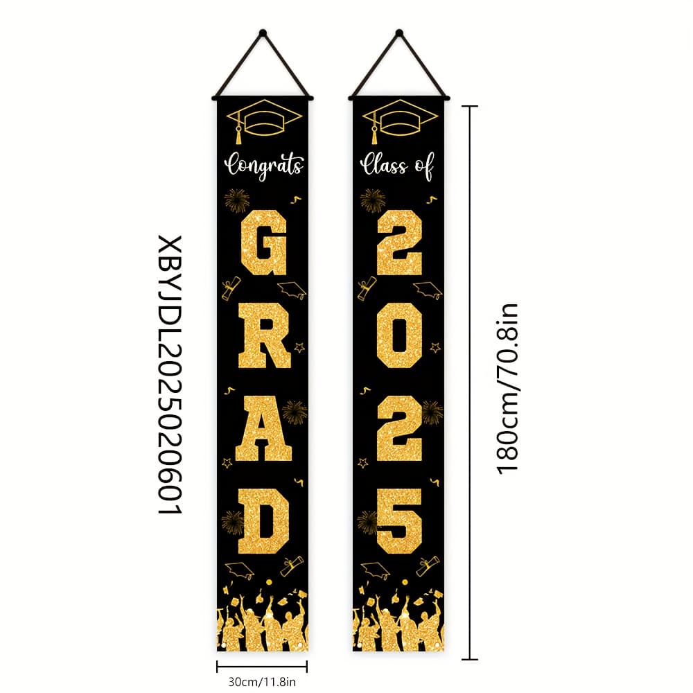 TEMU 1 Pair, 2025 Graduation Porch Banners, 180cm X 30cm, Black & Golden, Durable Polyester, Multipurpose, No Electricity Needed, Class Of 2025 Home & Campus Decor