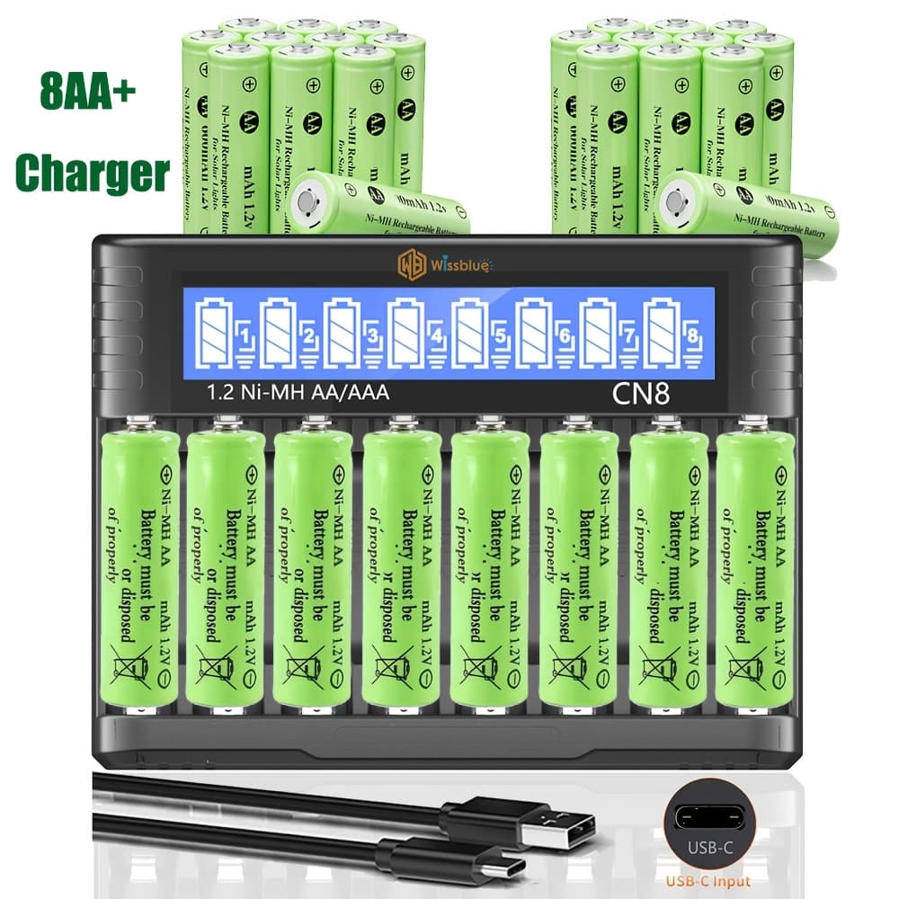 TEMU Rechargeable Batteries With Charger, 8 Pack Of High Capacity Low Self , Ni-mh Aa Batteries With Smart 8 Bay Battery Charger, Multiple : 8aaa+charger; 8aa+charger; 4aaa+4aa+charger; Only Chargerv