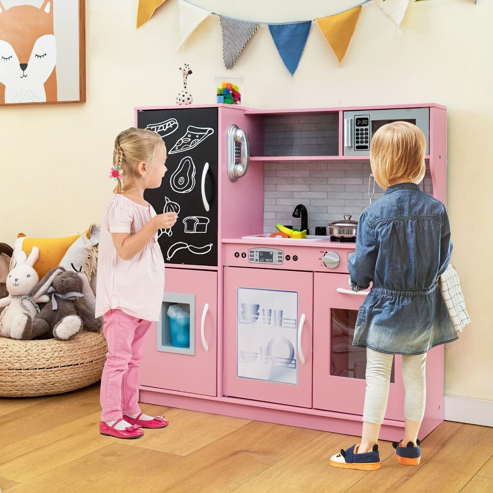 TEMU Costway Pretend Play Kitchen, Playset W/ Blackboard, Phone, Microwave, Ice Maker, Dishwasher & Oven, Wooden Kitchen Toy With Accessories For , Interactive Playset, Durable Toy
