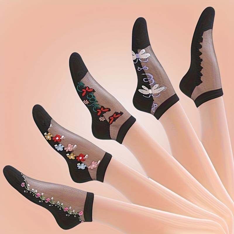 TEMU 5-pair Women's Pattern Crystal Stockings, Spring/summer Thin Glass Women's Socks