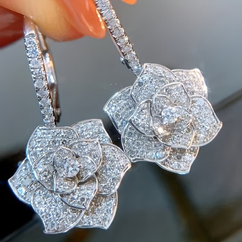 TEMU Of Women's Fashionable Hoop Earrings Elegant Floral Studs Full Synthetic Synthetic Zirconia Party Accessories Valentine's Day Gift