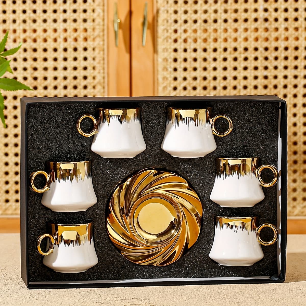 TEMU Turkish Coffee Cup Set Of 6 With Saucers And Tray - Luxury Arabic Greek Japanese Marble Ceramic Tea Cups For Espresso Cappuccino Latte Mocha, Ideal Gift - 3oz, White Golden