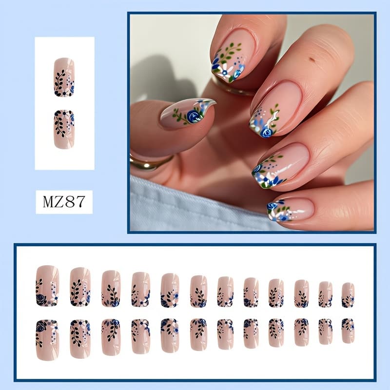 TEMU 24pcs Set, Medium Length, Blue Rose Flower, Leaf Pattern Nail Stickers, Nude Glossy End, Full Coverage Nails, With Adhesive Sheet, Suitable For Daily , Parties, Etc