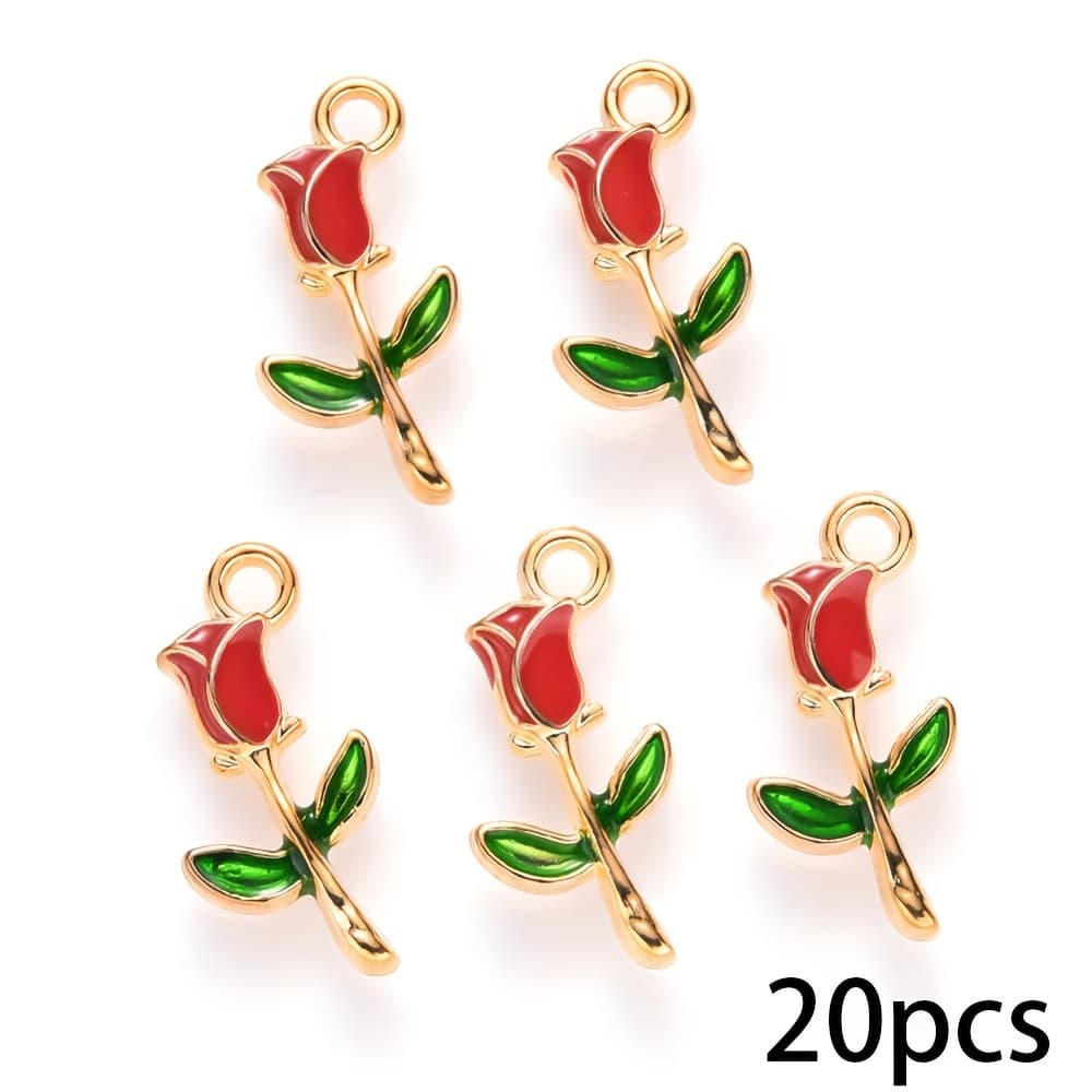 TEMU 20pcs Enamel Red Rose Charms Alloy Enamel Flower Pendants Mini Rose Charms For Necklace Bracelet Jewelry Making