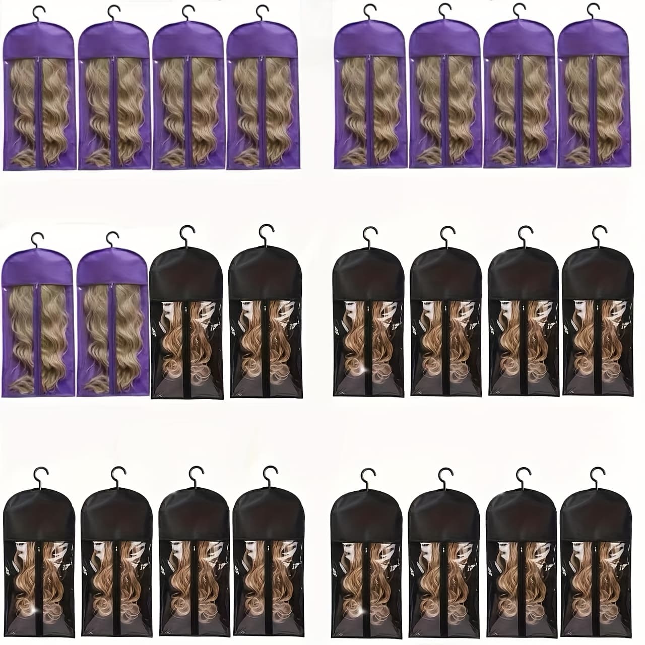 TEMU Wig Storage Bags With Hanger Organizer For Multiple Wigs Stand Hair Extensions, Wig Hanger Set Premium Dust Proof Wig Storage Bangs For Space Saving (10pcs Purple+10pcs Black)