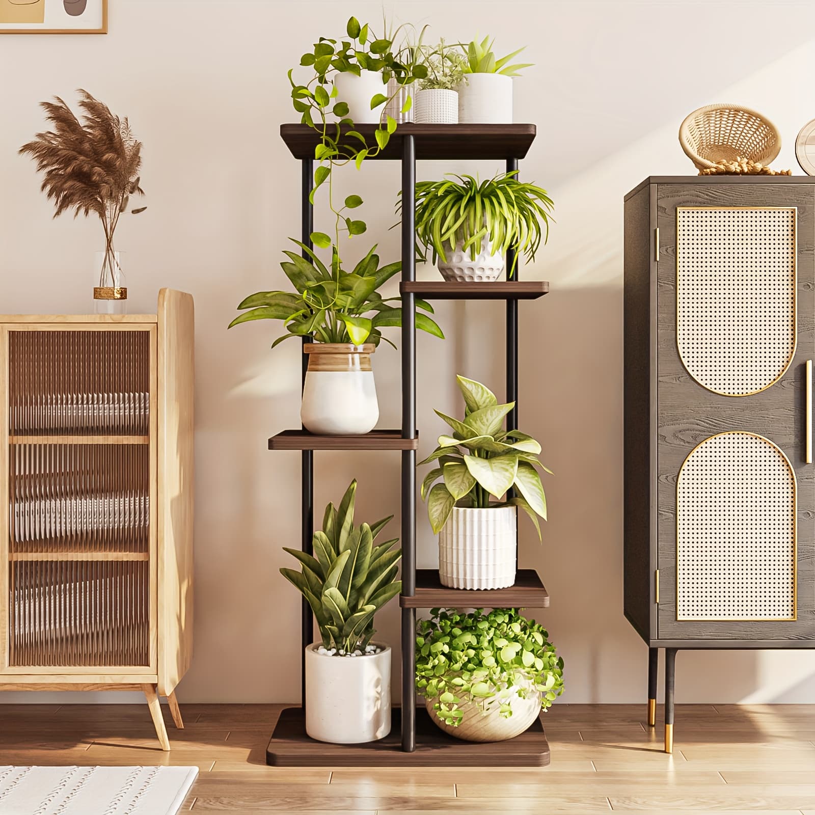 TEMU 5-tier Plant Stand For Indoor Outdoor, Solid Wood And Iron Multi-level Flower Pot Shelf, Floor Standing Organizer For Living Room Balcony Succulents