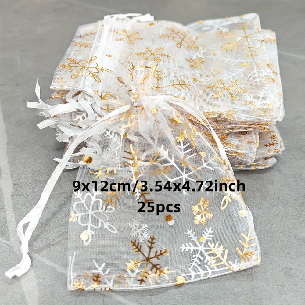 TEMU Gift For Her/him 25pcs/50pcs 3.54x4.72inch Snowflake Organza Gift Bags Christmas Party Wedding Jewelry Packaging Decoration Drawstring Bags