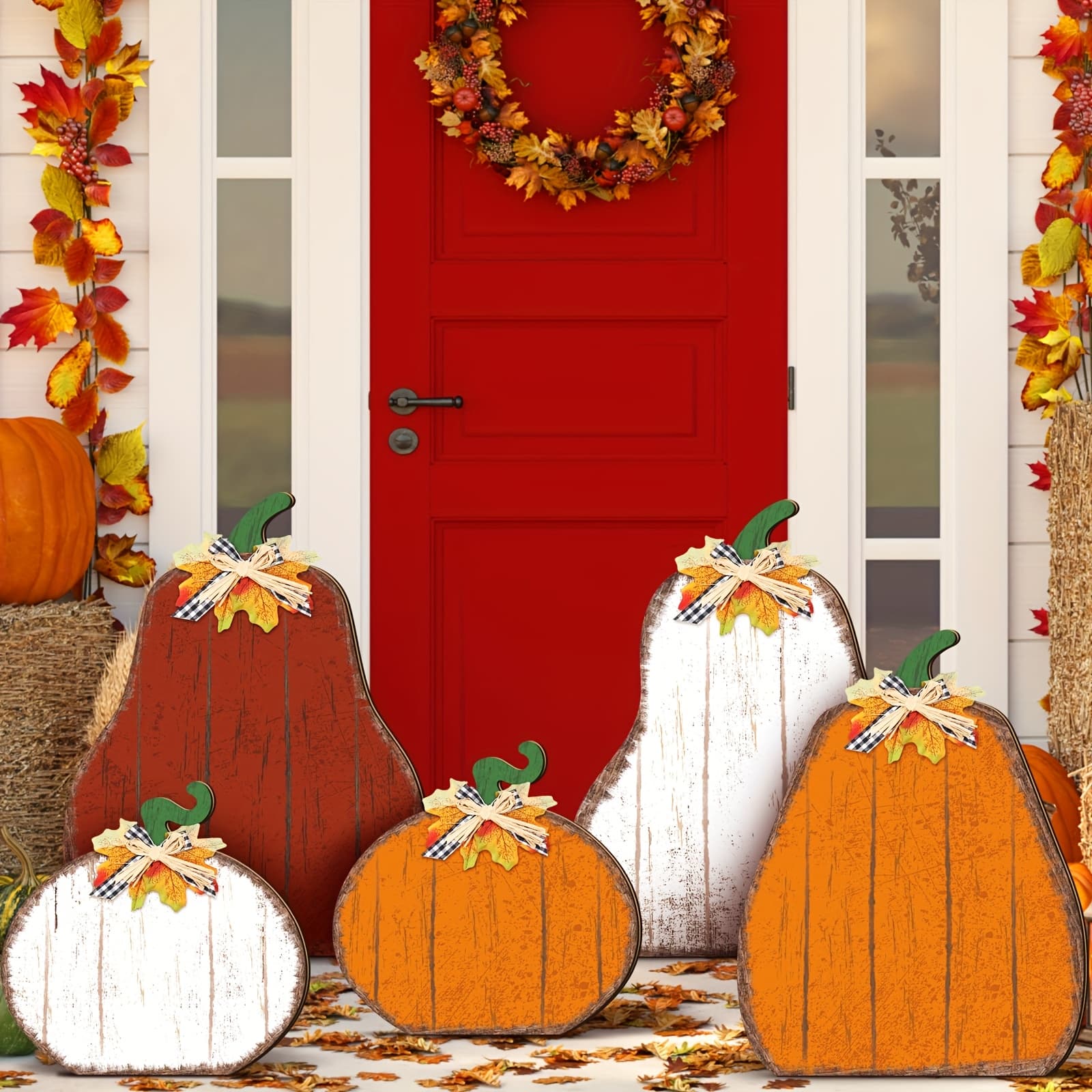 TEMU 5pcs Farmhouse Thanksgiving Decorations For Home Outdoor Fall Pumpkin Porch Standing Welcome Harvest Wood Pumpkin Sign Autumn Sign For Front Door Porch Garden Yard Patio(classic)