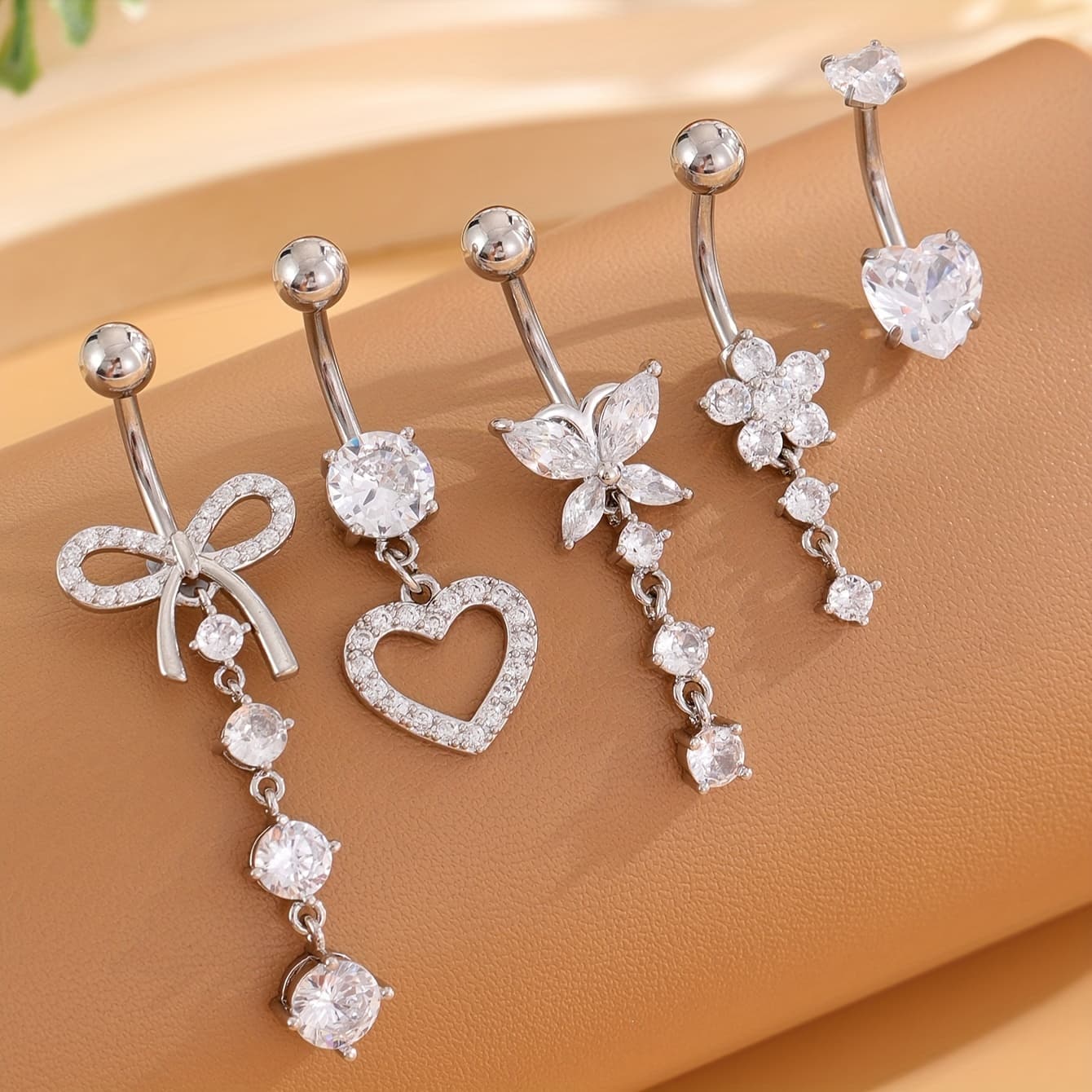 TEMU 5pcs Classic -shaped Heart Flower Composite Zirconia Inlaid Navel Ring Pendants Body Piercing Jewelry Women Stainless Bohemian Hollow Silvery Luxurious Cubic Zirconia Navel Pins Set