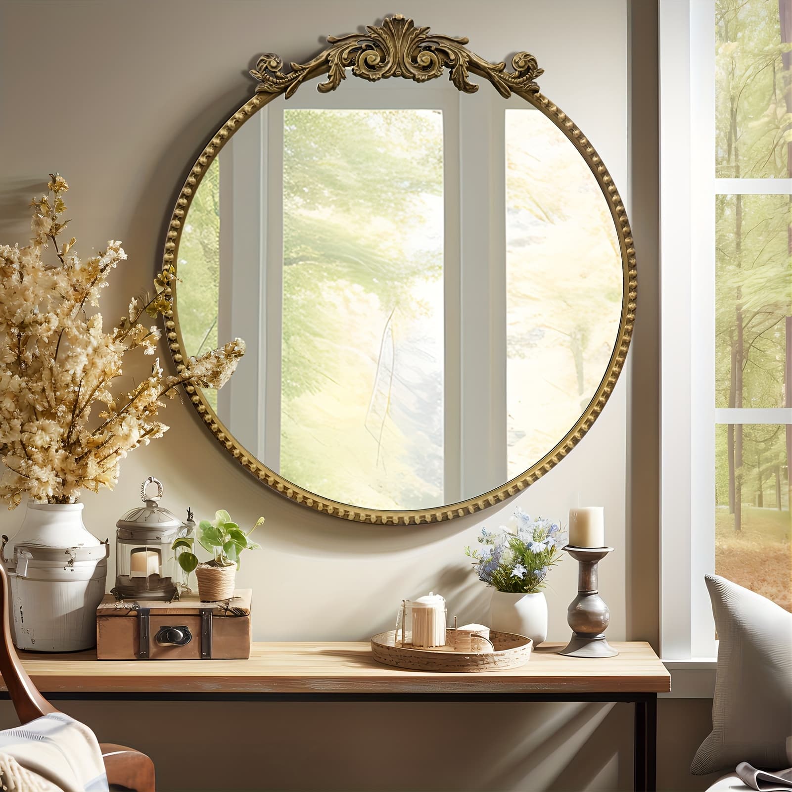 TEMU Growsun 28" Vintage Round Mirror Baroque Mirror Metal Frame Wall Mirrors For Vanity, Bathroom Or Bedroom