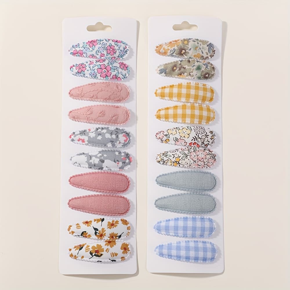 TEMU 20pcs Set Of Printed Fabric Bb Clips With Floral, Grid, And Embroidered Hair Clips
