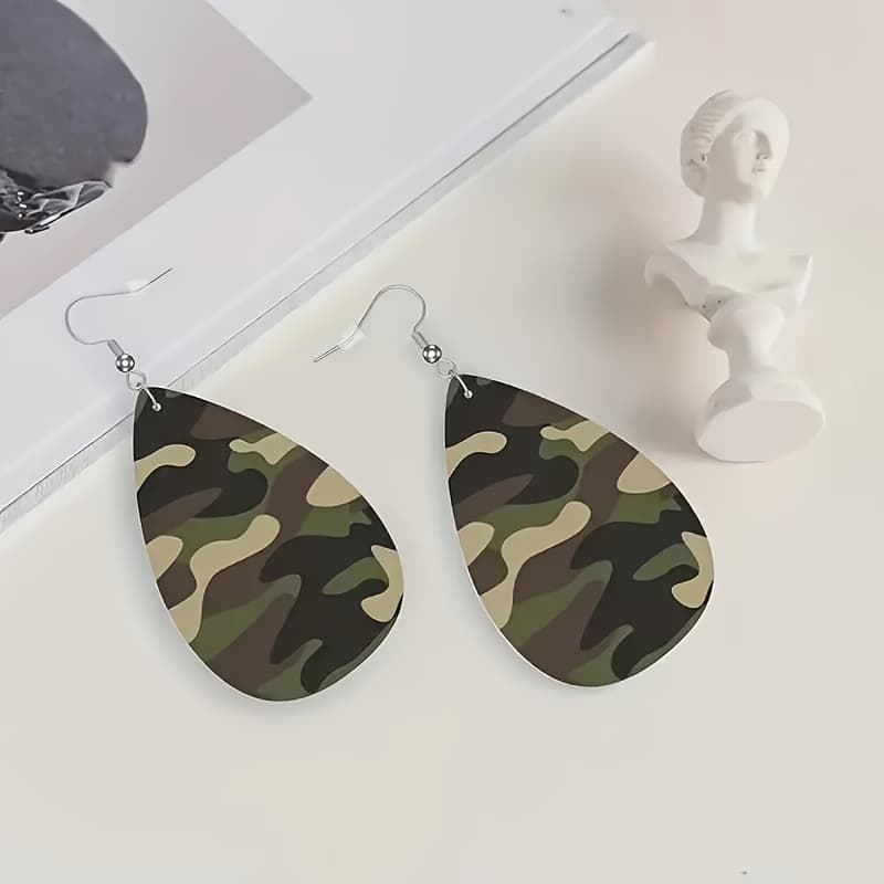 TEMU A Pair Of Retro Bohemian-style Camouflage-pattern Teardrop Earrings | Acrylic With Lightweight Alloy -shaped , Olive Shape, Suitable For Casual Occasions Or As A Gift
