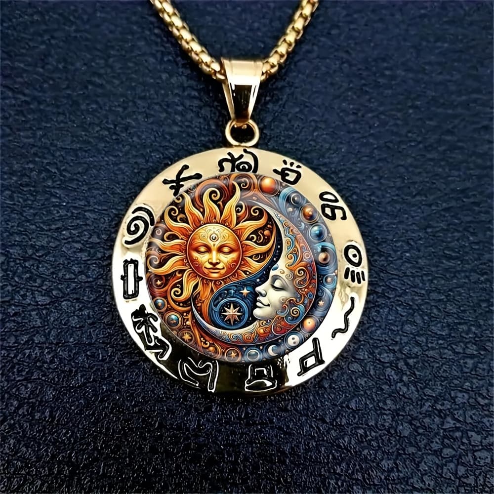 TEMU Golden Round Sun And Moon With Light Yin And Yang Pendant Necklace Surrounded By Mysterious Symbols Decorative Jewelry Daily Wear Gift- Applicable