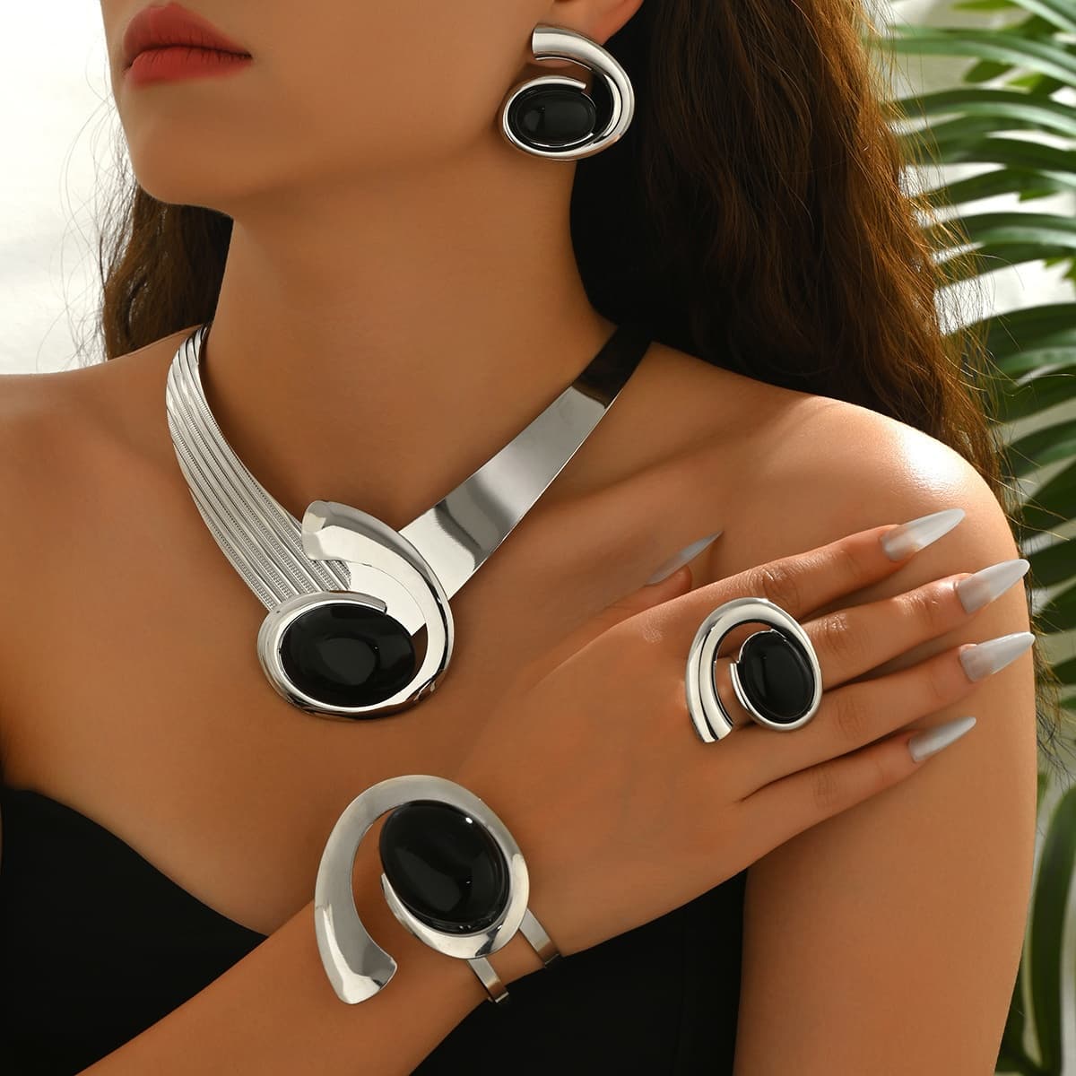 TEMU 5pcs Women's Jewelry Set - Elegant Acrylic Geometric Pendant Necklace, Earrings, Rings & Bracelet Matching Outfit Set | Durable For Parties, Weddings, Special Occasions | Classic
