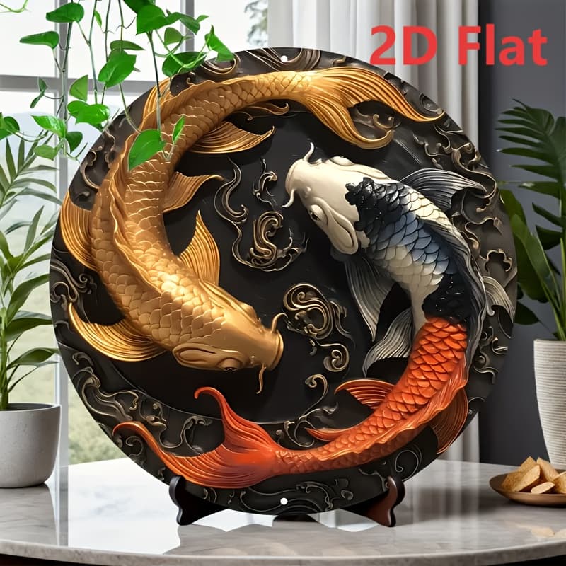TEMU Koi Fish 8x8" Round Aluminum Wall Art - Hd Printed, Weather-resistant Metal Sign For Home, Living Room, Bathroom, Bedroom, Garage, Bar, Cafe Decor - Pre-drilled & Textured