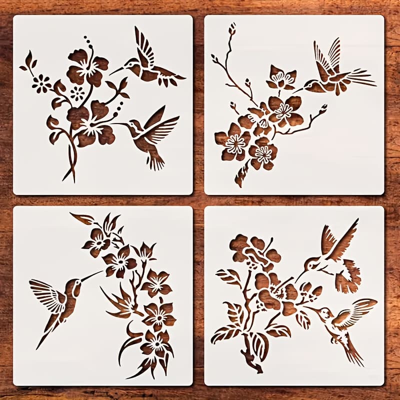 TEMU 4pcs Hummingbird Painting Stencils Set - Reusable Birds, & Branches 6-inch Durable Pet Templates For Diy Art On Glass, Rock, Fabric, Mural, And Home Decor