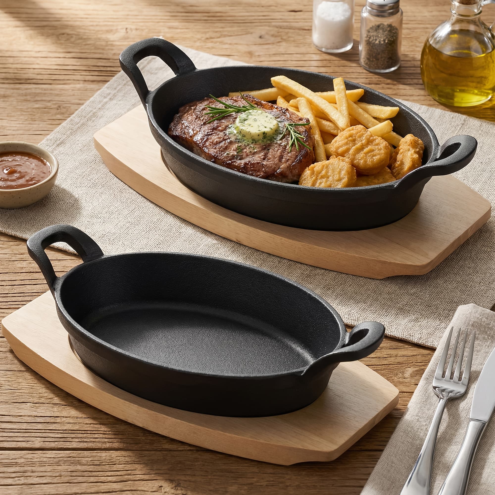 TEMU 4pcs Heavy-duty With Griddle Pan & Wooden Trays - Oval Multi-pan Suitable For Stovetop, Gas, Camping & Kitchen, Wear-resistant, 4pcs