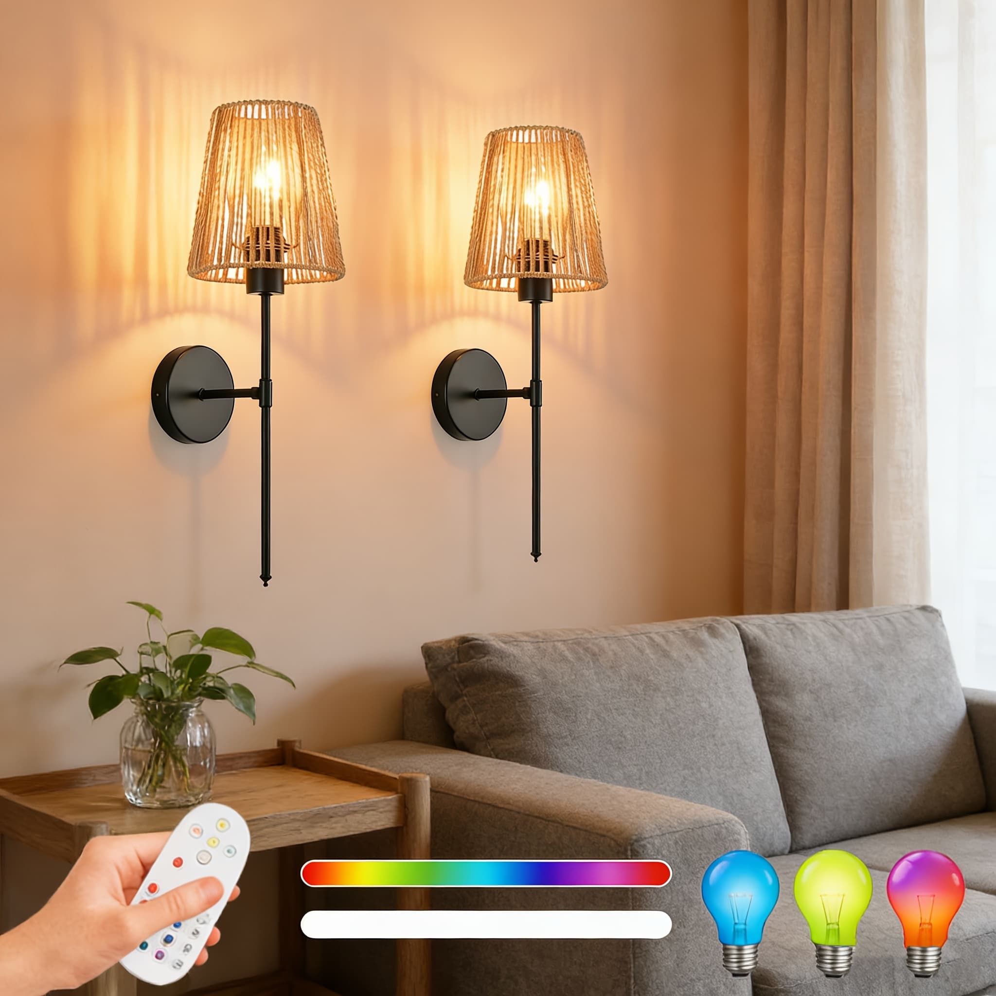 TEMU 2pcs Battery-powered Wall Lamp, Black Wireless Wall Lamp With Remote Control, Rechargeable Wall Lamp With 15 Color , Suitable For Bedroom, Living Room, And Kitchen.