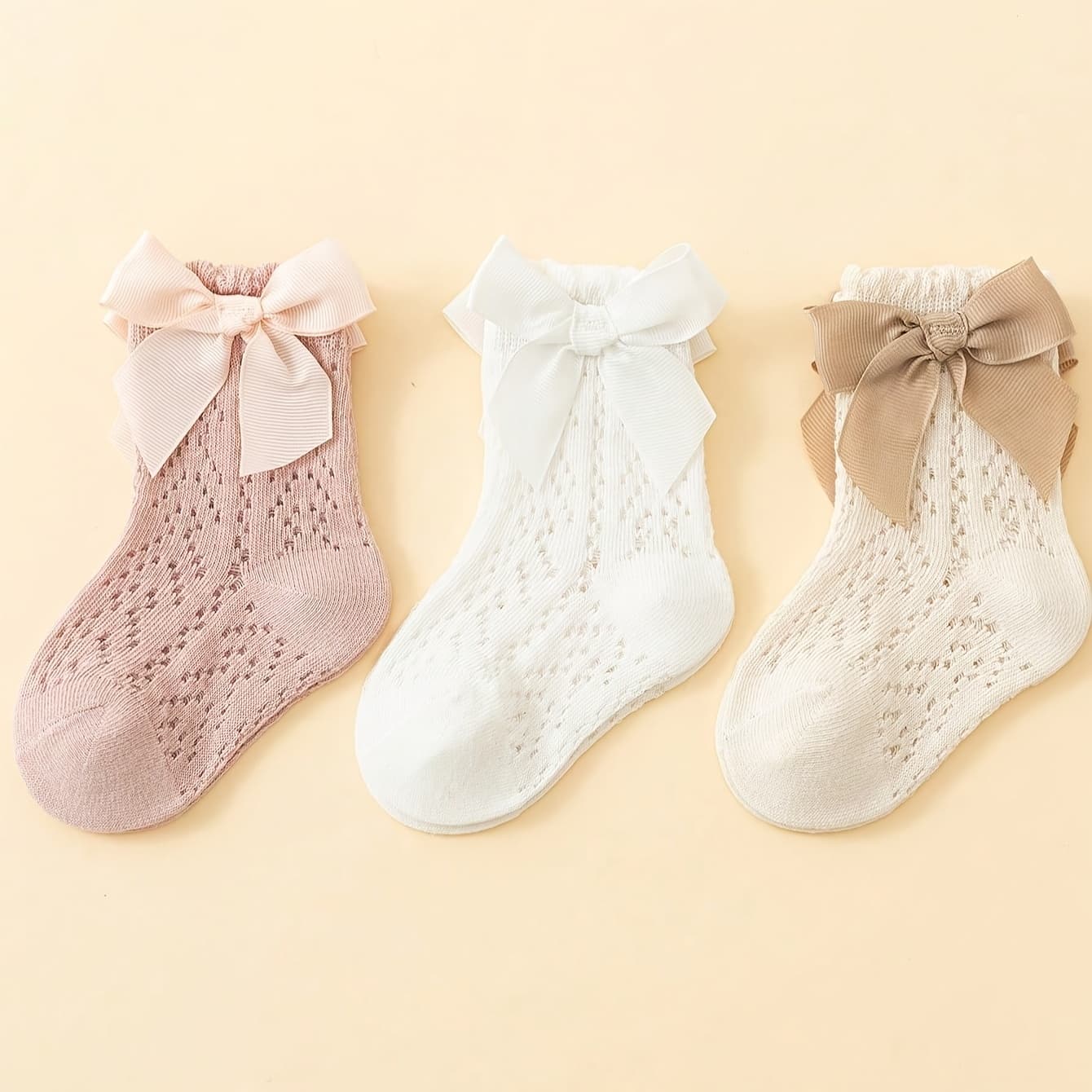TEMU 3 Pairs Mesh Bow Princess Versatile Comfortable Breathable Light-colored Socks