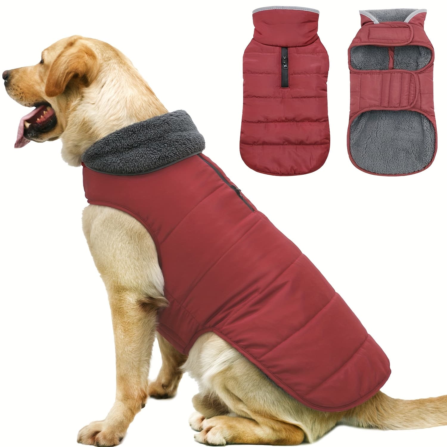 TEMU Pet Warm Dog Coat, Reflective Dog Plush Vest, Winter Cold , Adjustable Durable Dog Winter Jacket, Thick Fleece Snow Suit For Small Medium And Large Dogs
