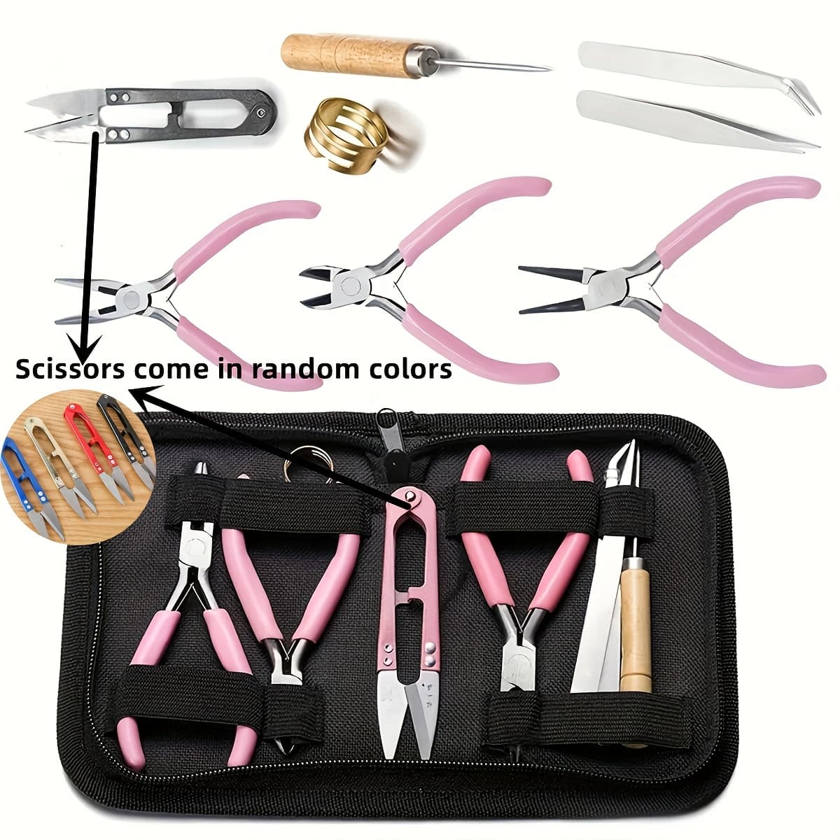 TEMU 8pcs/set Pink And Black Senior Jewelry Making Tool Set, Includes Round Nose, Random Color Scissors,pointed Nose, And Wire Cutters, Non-serrated Pliers For Beginners And Enthusiasts