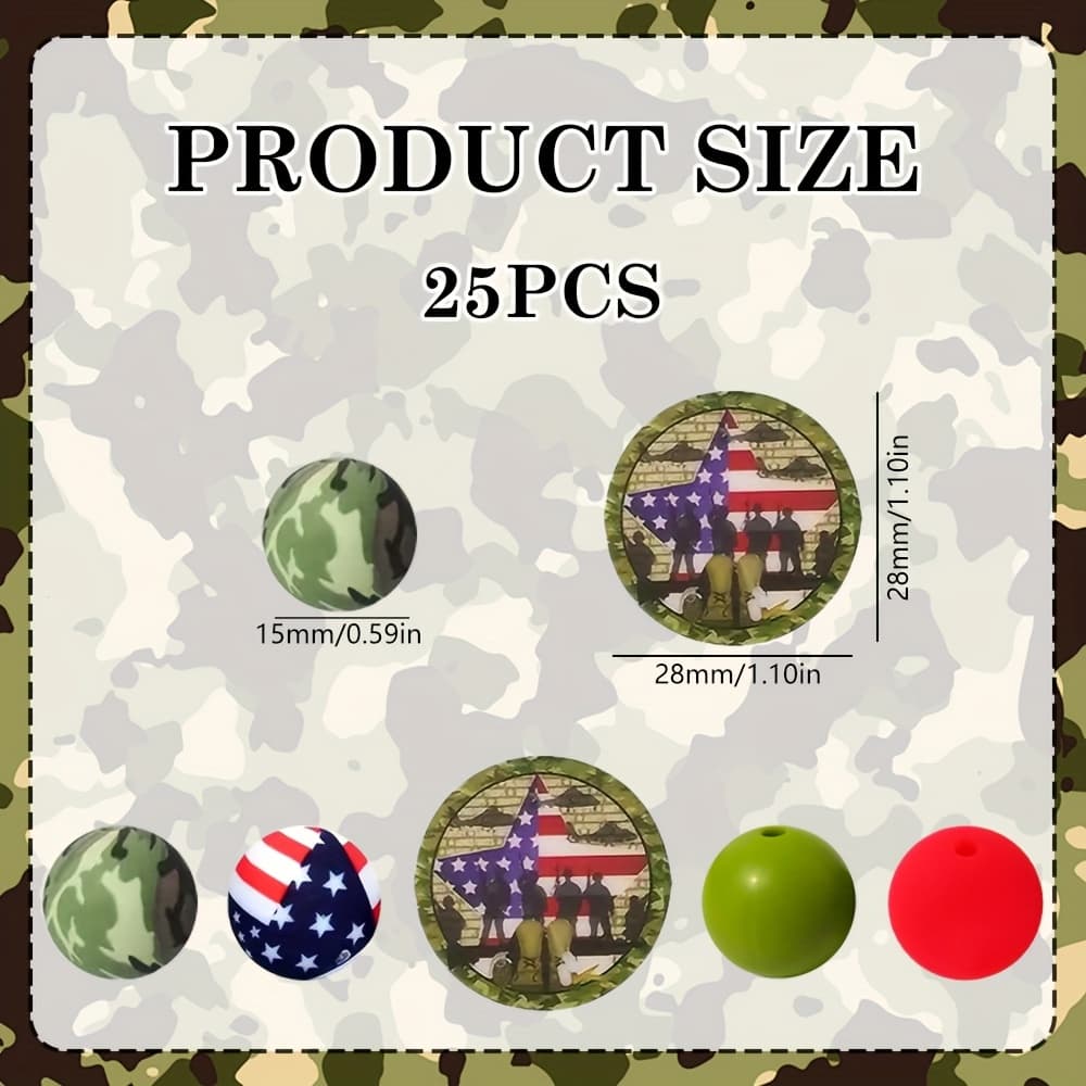 TEMU 25pcs Patriotic Themed Silicone Beads, 15mm Green Printed Circular Silicone Beads, Suitable For Making, Bracelets, Keychains, Phone Chains, Necklaces, Earrings, Etc. - Beads&beam Accessories