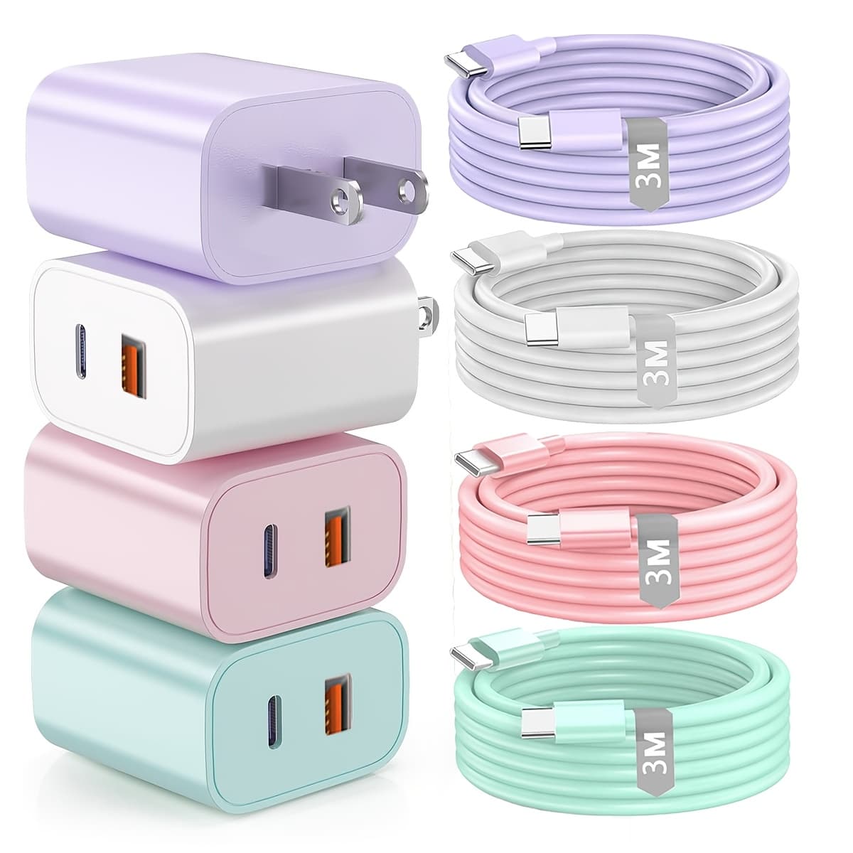 TEMU 10ft Extra-long Data Cable, [20w+18w] Usb-c + Usb-a Charging Block, Fast Charging Adapter [supports Pd 20w Usb-c & Qc 3.0 Usb-a Interfaces]