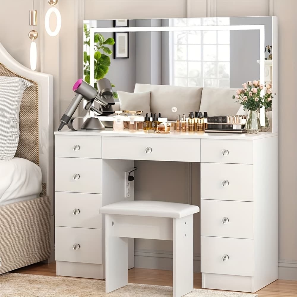 TEMU 43" Makeup Vanity Desk Set Featuring A Power Outlet, Illuminated Mirror, Stool, And 9 Drawers