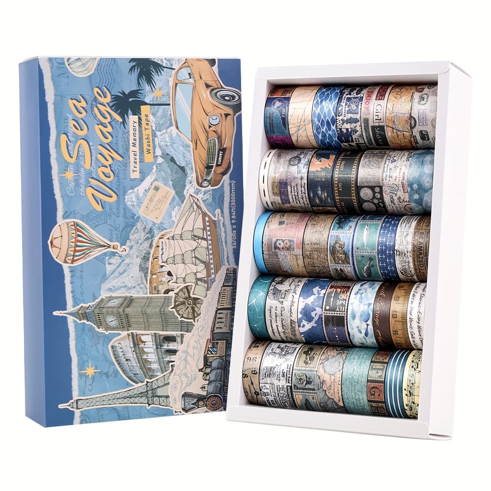 TEMU 36 Rolls Vintage Travel Washi Tape Set 5 Widths Nautical Map Perfect For Scrapbooking, Journals & Gift Wrapping Paper Decorative Tape For Diy Crafts & Planner Accessories Decor
