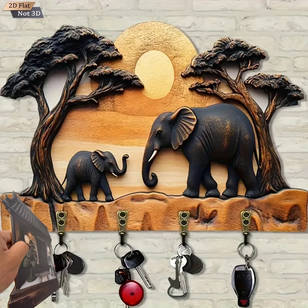 TEMU 2d Flat, 2d Wood Multi-functional -shaped Keychain With 4 Metal Hooks - Rustic Wall Decoration, 29.38 "x 160", Ideal For Home And Office Storage, Elephant Decoration, 2d Flat