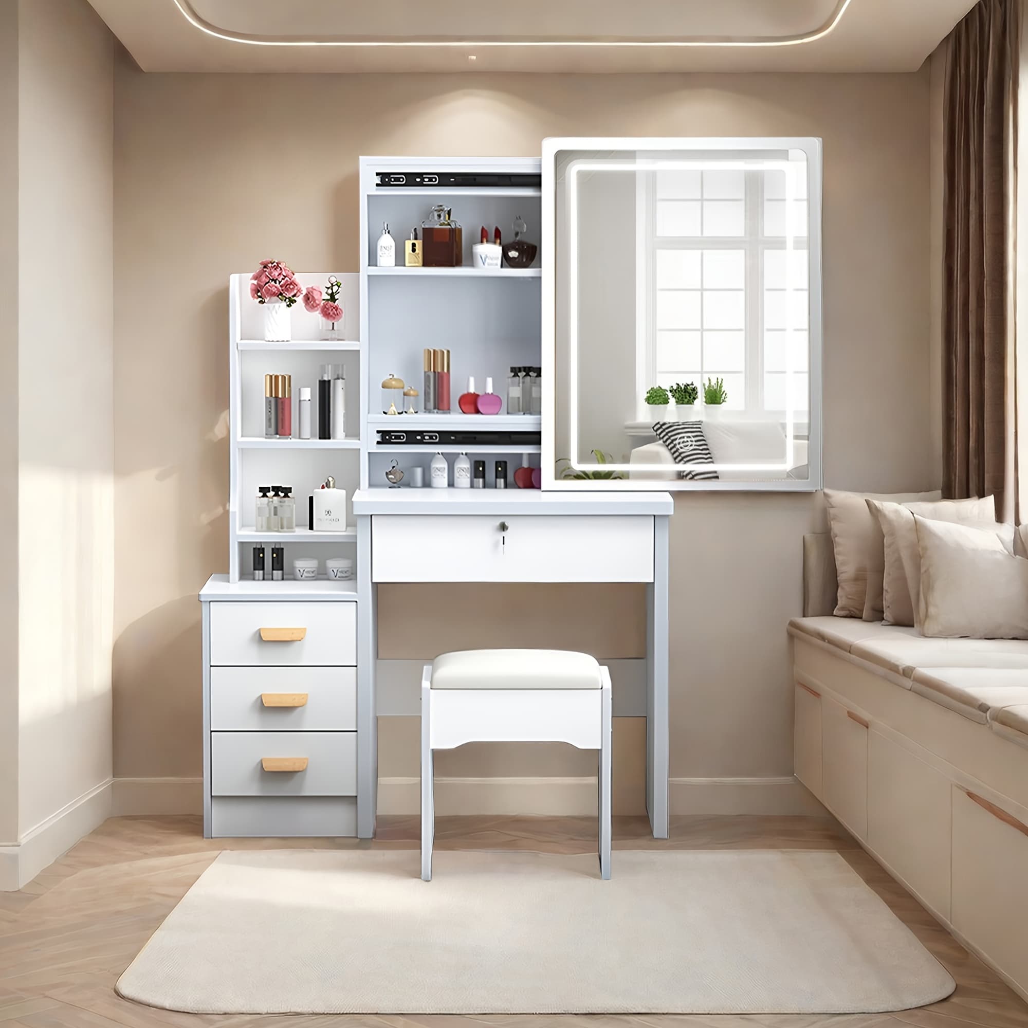 TEMU Adorable White Vanity, Large Storage Space, With 4 Drawers, Sliding Mirror Cabinet, Easy To Assemble, Best Gift For Girls