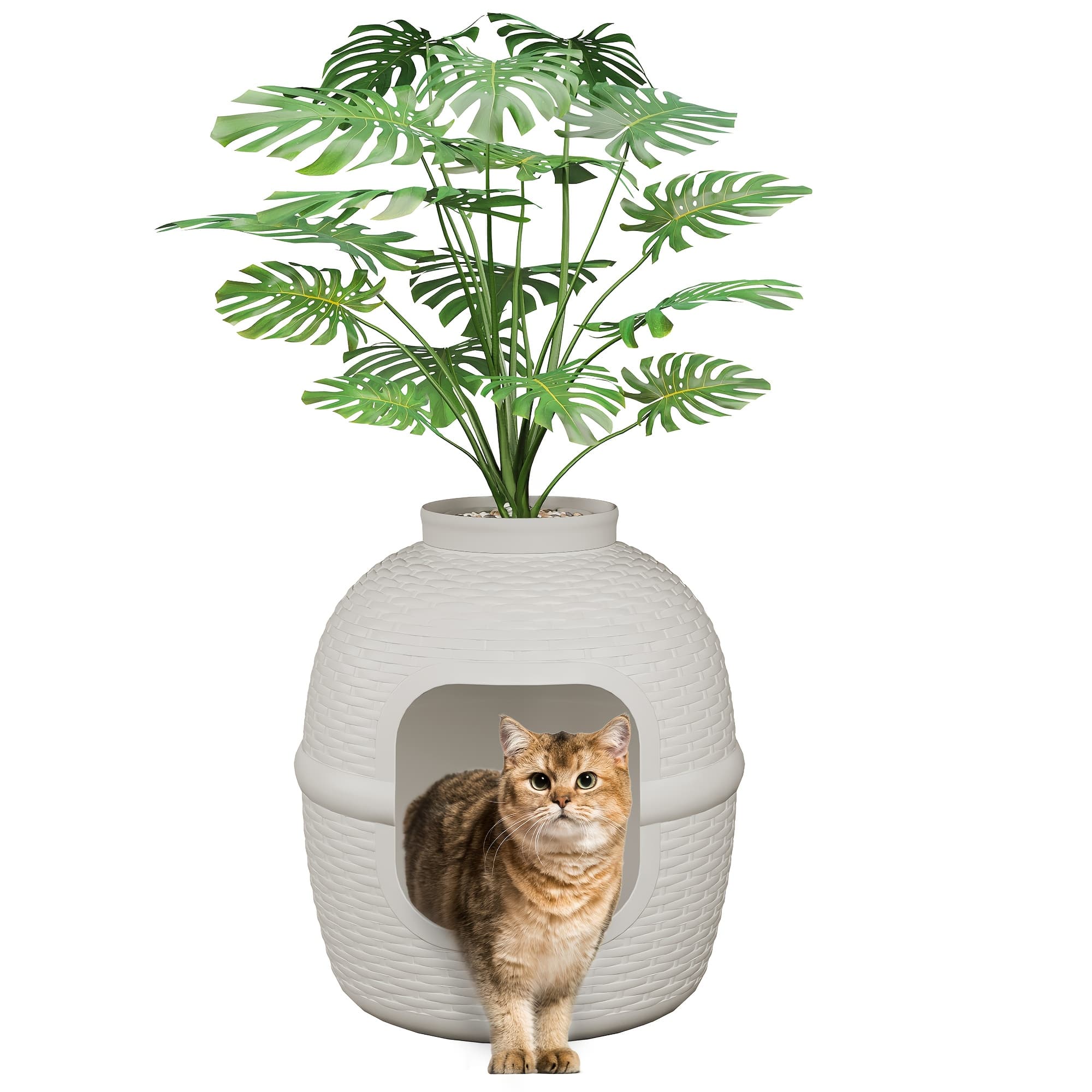 TEMU Royalcraft Concealed Litter Box Featuring Artificial Plant, Cat Litter Box Furniture With Rattan Design For , Includes Carbon Filter, Easy To Assemble And Clean
