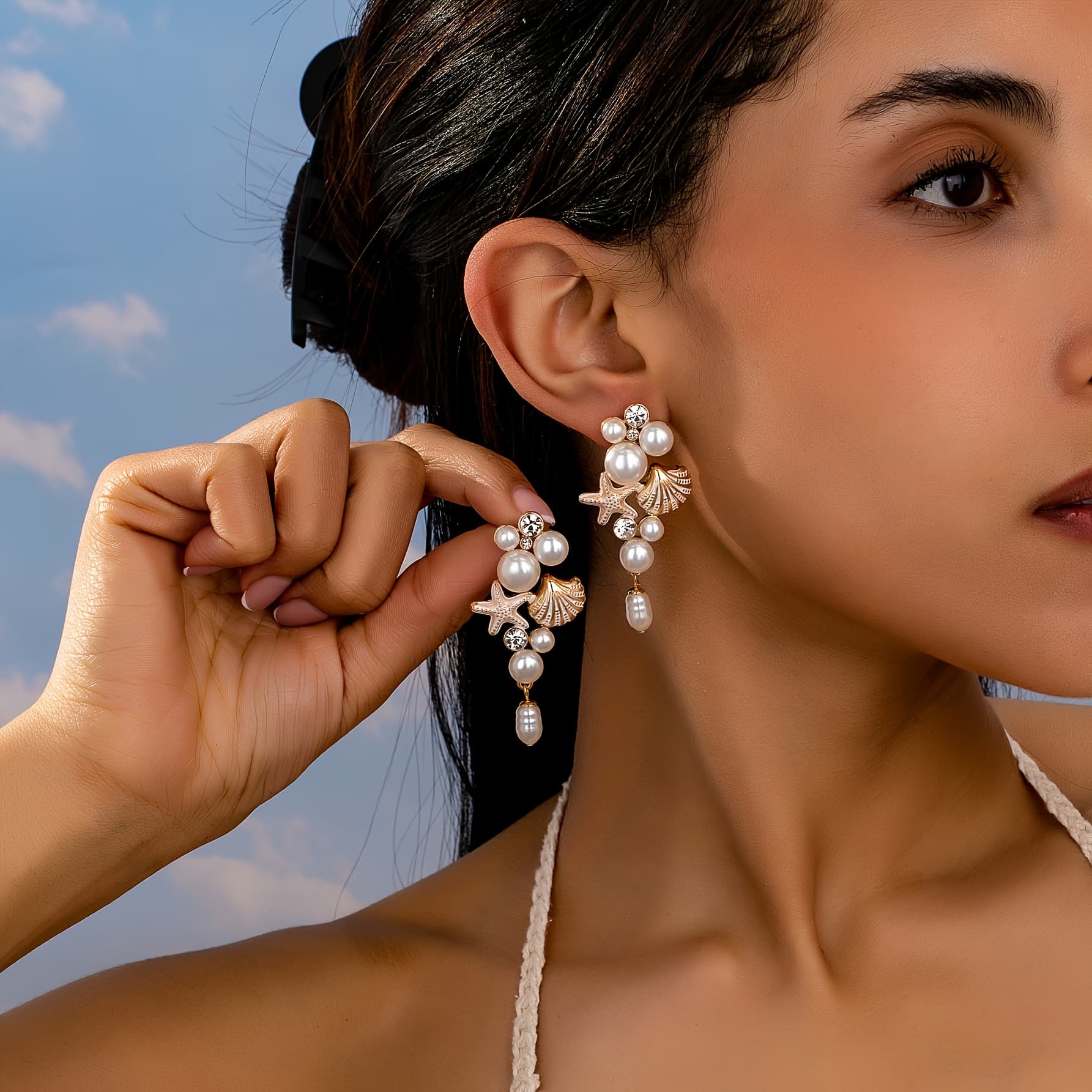TEMU A Pair Of Bohemian Fashion Pearl Starfish Shell Dangle Earrings Suitable For Women' Wear And As A Versatile Gift