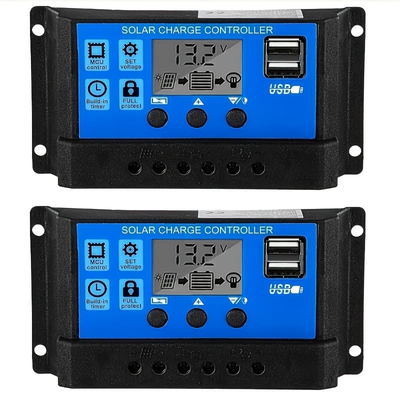 TEMU 2pcs 30a Solar Cell Controller, 12v/24v Solar Cell Panel Charging Controller, Grounded Solar Cell Panel Controller Regulator, With Adjustable Lcd Display And Dual Usb Ports, Timer Settings