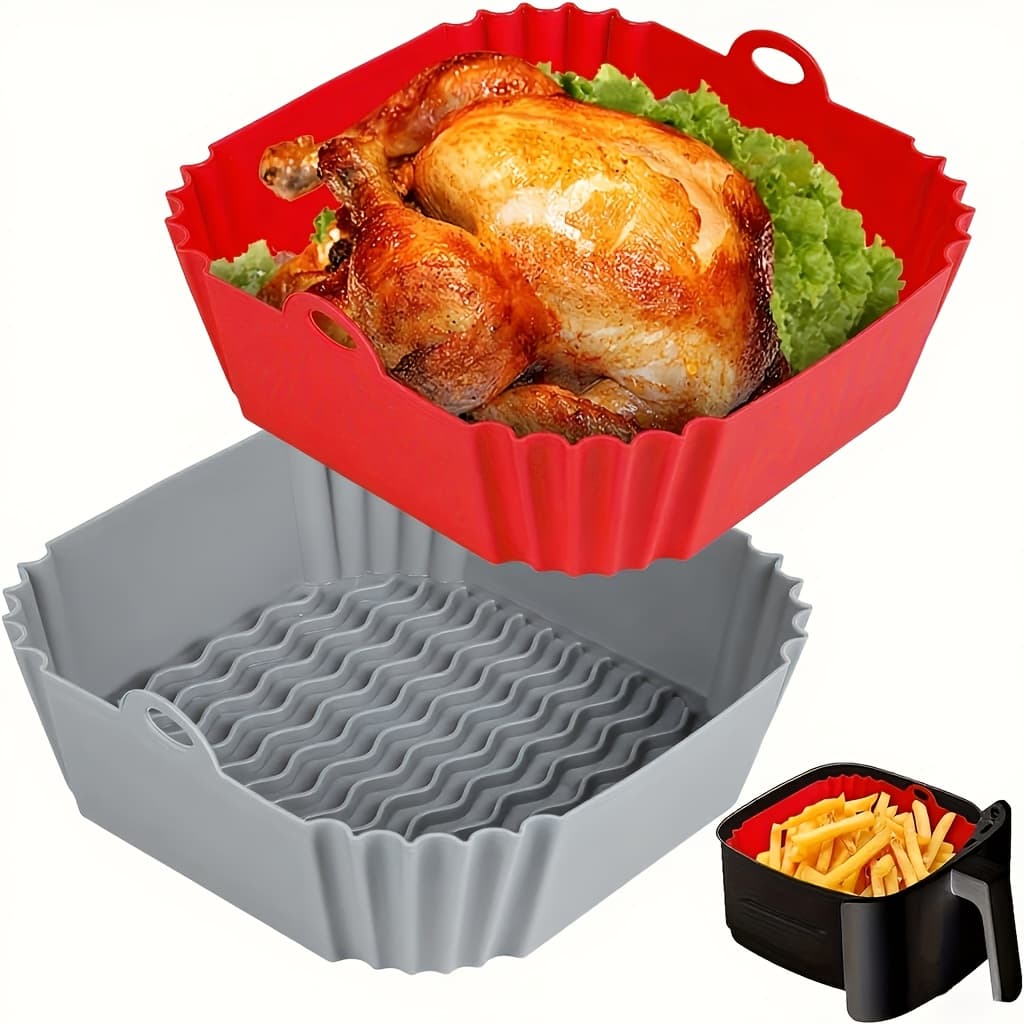 TEMU 2/4pcs Reusable Square Silicone Air Fryer Liners, Air Fryer Additions For 5-8qt Air Fryer, Air Fryer Pot Basket Liners For Baking Roasting Microwave, Red+blue