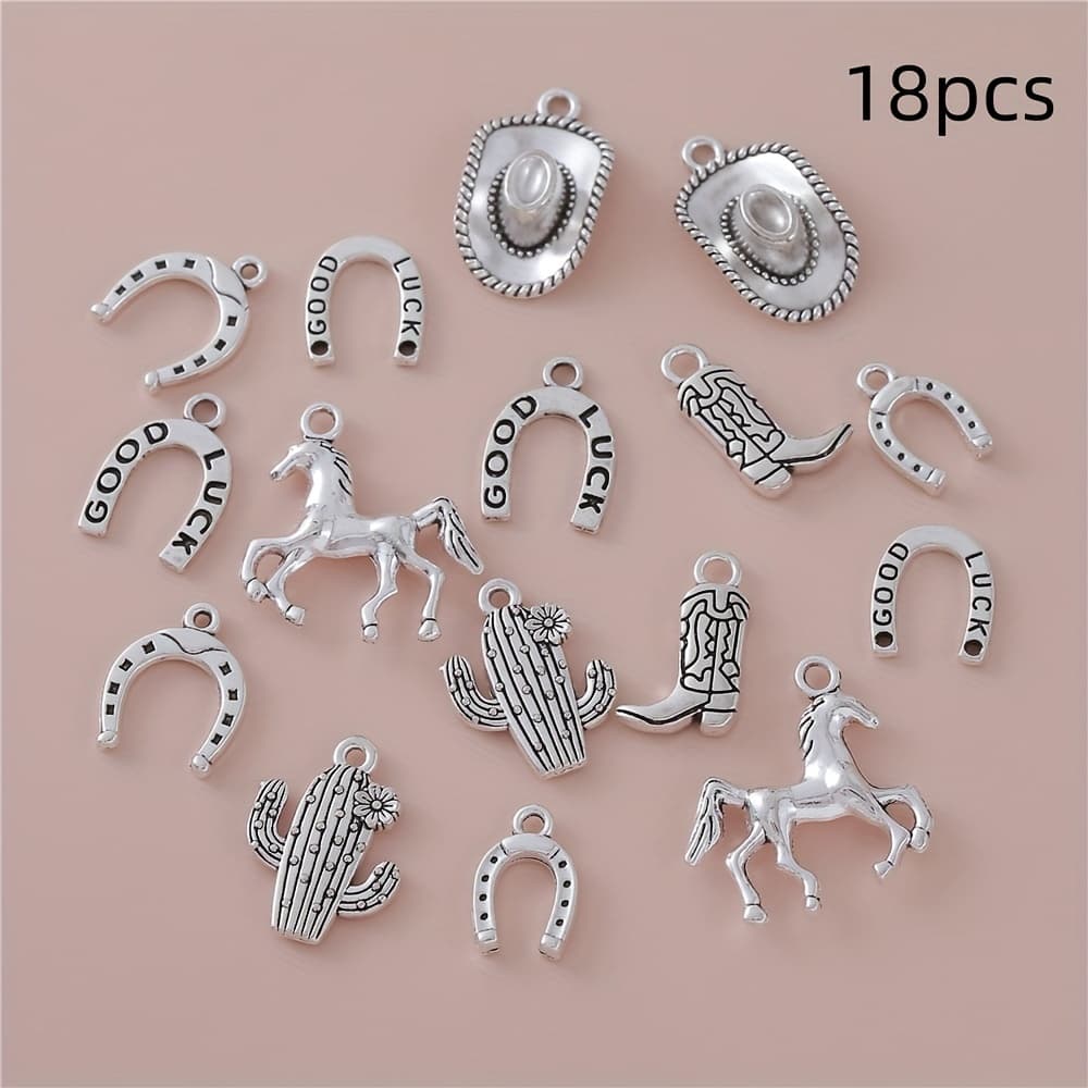 TEMU Vintage Western- Charms, 18pcs Diy Bracelet And Necklace Accessory Set, Cactus / Cowboy Boot / Horseshoe Shapes, Accessory Kit
