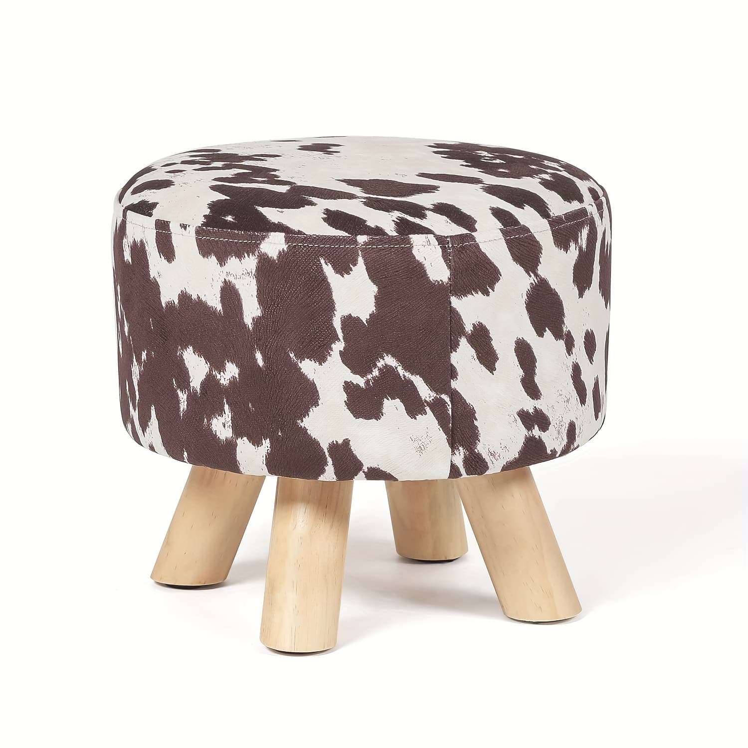 TEMU Round Ottoman Foot Rest Stool Modern Small Footstools With Linen Fabric And Wooden Legs, Brown Cow