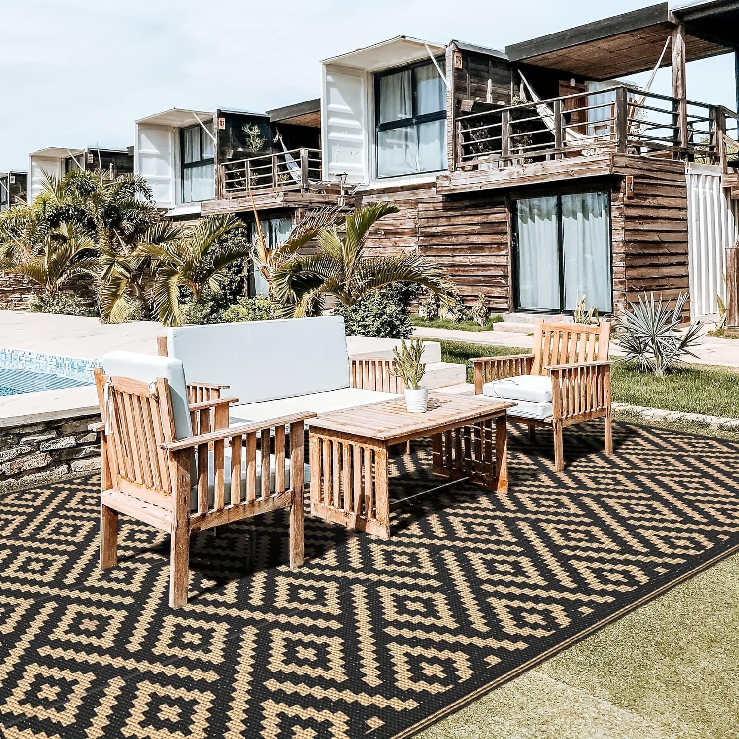 TEMU Outdoor Rug For Patio, Large Camping Mat, Reversible Plastic Straw Rugs For Rv, , Balcony, Backyard, Picnic, Deck (black And Brown)