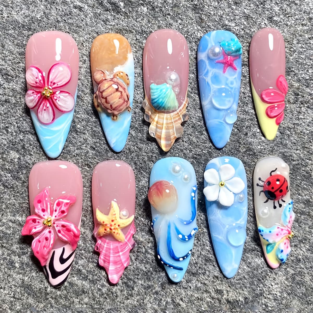 TEMU A Set Of 24 Long Almond-shaped Press-on Fake Nails With , Cute Turtles, Octopus, Starfish, , Pure Desire Pearls, Elegant Shells, Ladybugs