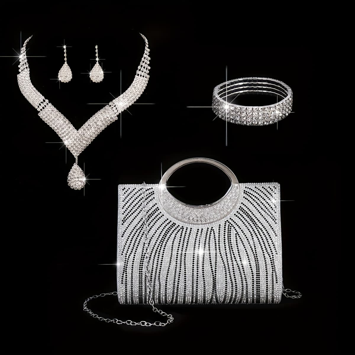 TEMU 4-item Collection: Trendy Women's Evening Purse, Glossy Striped Tote, Bridal Party Clutch, Night Out Bag, Dress Purse, Shoulder Tote, Jewelry Set Including Necklace, Earrings, And Bracelet