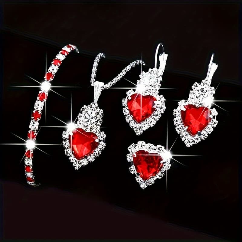 TEMU Elegant 5pcs Red Heart Women's Jewelry Set - Includes Necklace, Ring, Earrings And Bracelet | Everyday Wear, Gifts, Holidays And Parties!