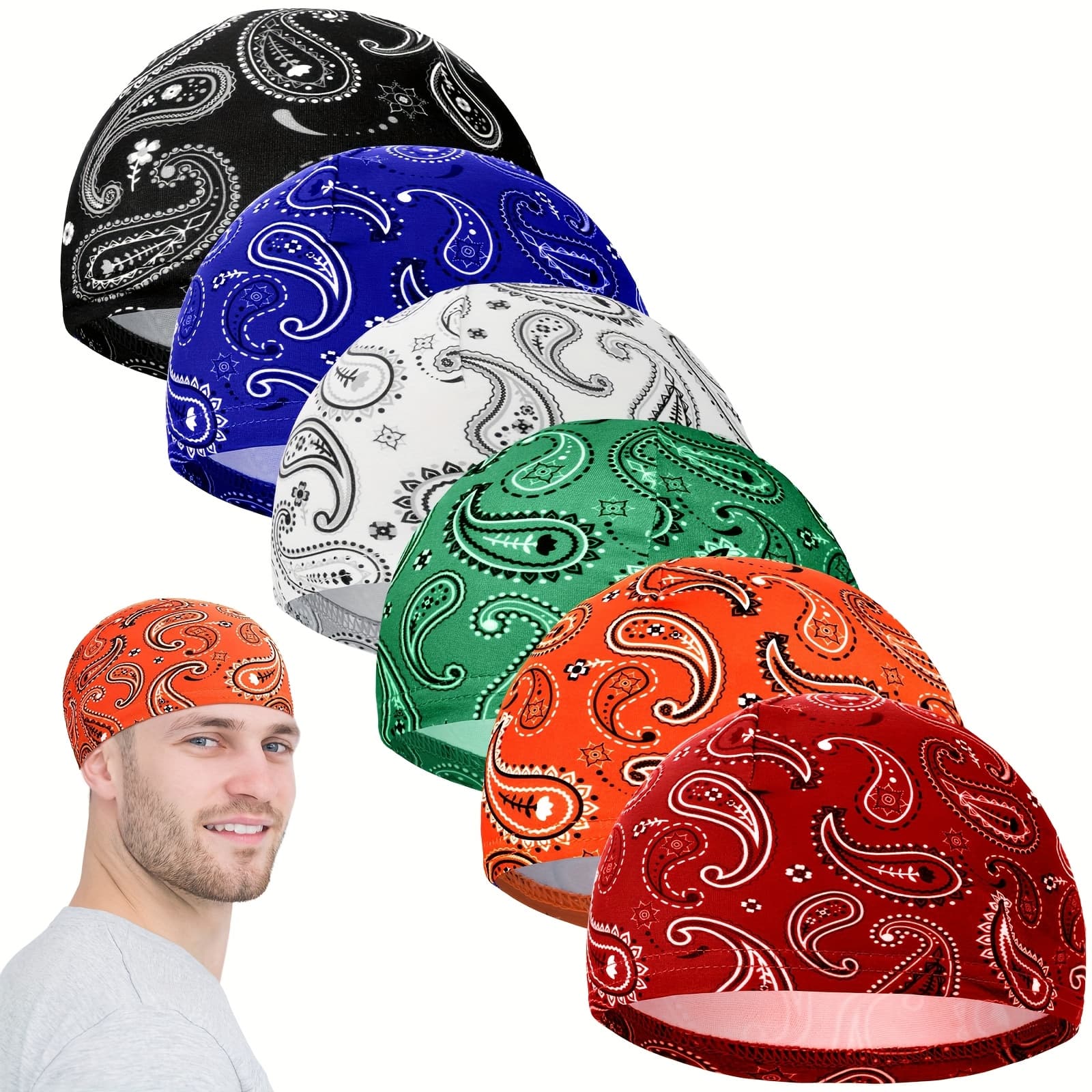 TEMU 6pcs (men' & Women') Cooling Breathable Skull Helmet Liner - Sweat-wicking Beanie Hat With Paisley, Multicolor For Cycling, Running, - For Under Helmet, 6pcs